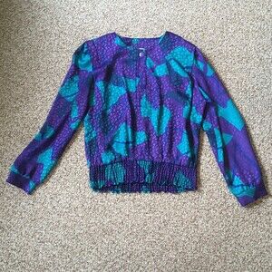 Lady Page Susan Page Vintage 80s Blouson Blouse Top Purple Teal Elastic Waist